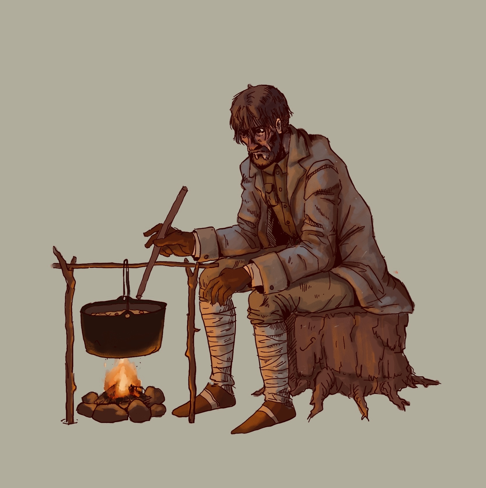 Soldier processing raw food into cooked food